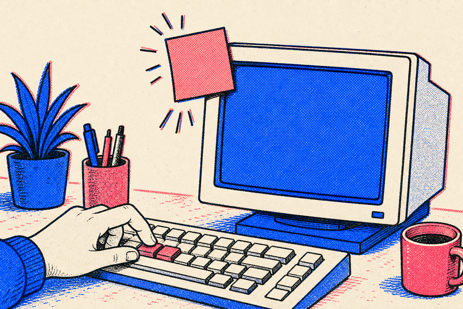 キーボードでコピーした瞬間、モニタの左上から付箋が飛び出しているイラスト